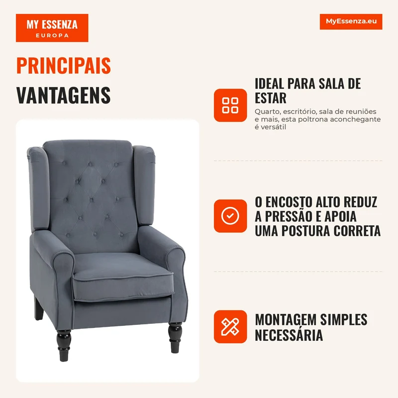 Poltrona Elegante com Orelhas Bem Acolchoada Capa Removível 74x86x102 cm Cinza