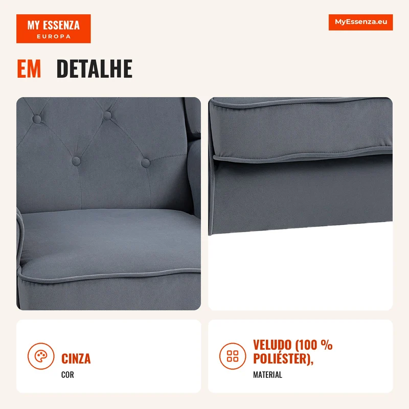 Poltrona Elegante com Orelhas Bem Acolchoada Capa Removível 74x86x102 cm Cinza