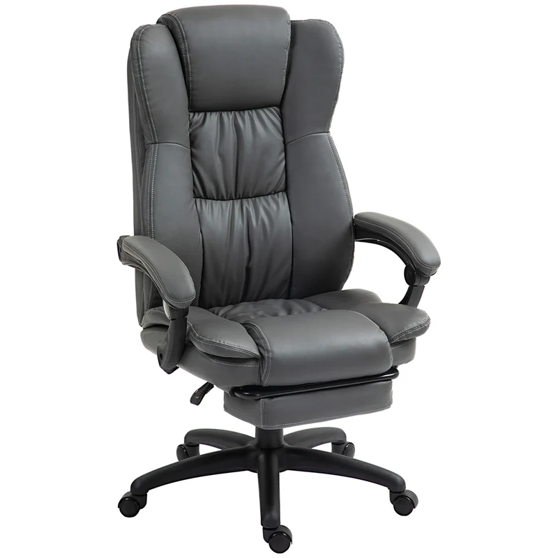 Cadeira giratória regulável com apoio para os pés, apoio de cabeça, função de massagem, couro sintético, 68,5x68,5x113-121cm, Cinza escuro