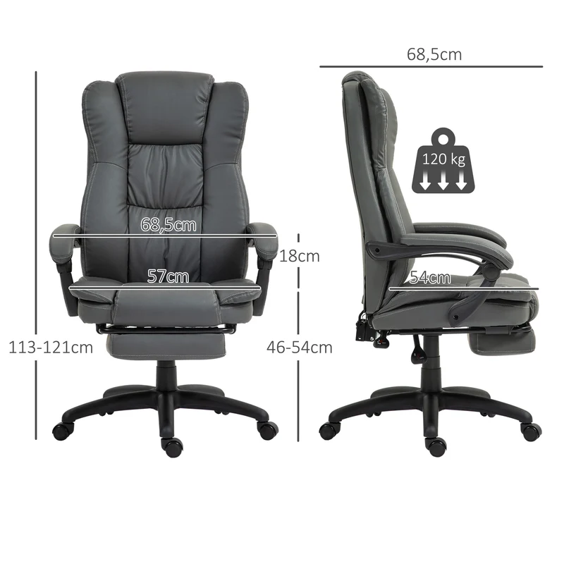 Cadeira giratória regulável com apoio para os pés, apoio de cabeça, função de massagem, couro sintético, 68,5x68,5x113-121cm, Cinza escuro