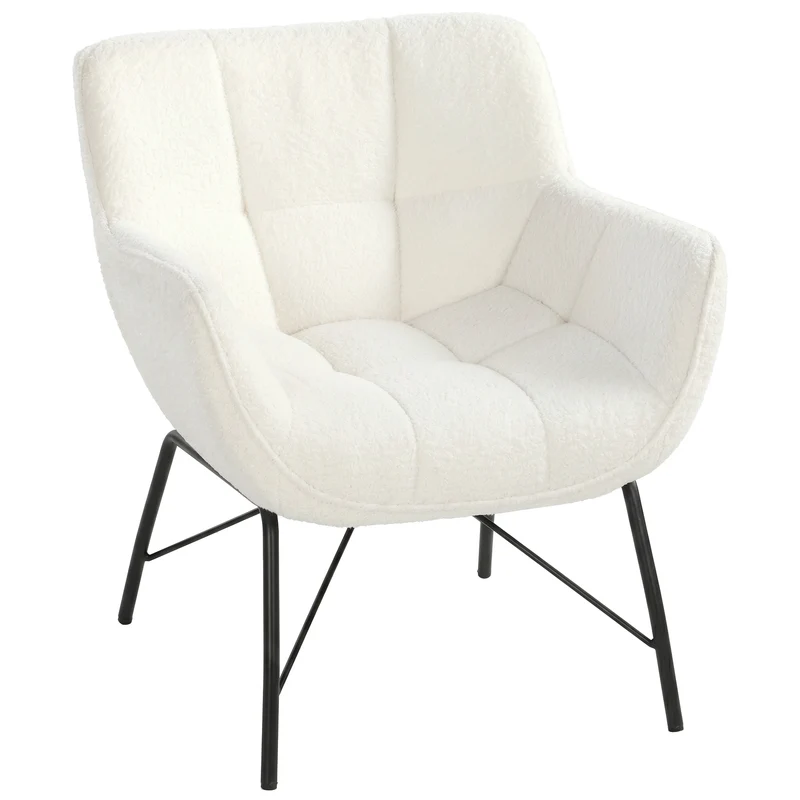 Poltrona de destaque moderna, Poltrona Sherpa-Fleece com encosto curvo, apoios de braço integrados, pés de metal, Creme branco