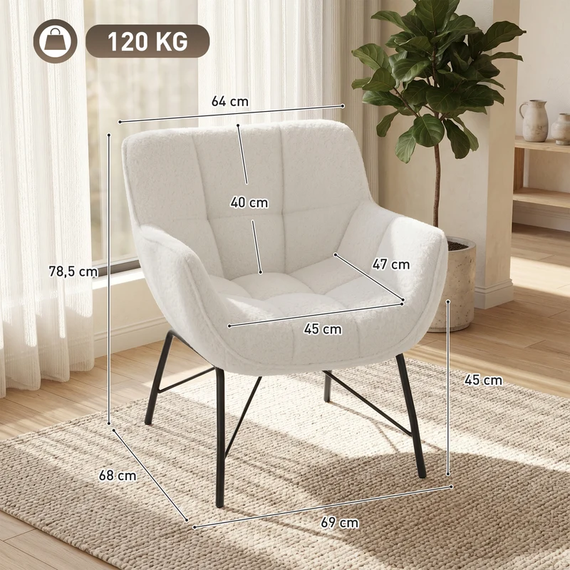 Poltrona de destaque moderna, Poltrona Sherpa-Fleece com encosto curvo, apoios de braço integrados, pés de metal, Creme branco