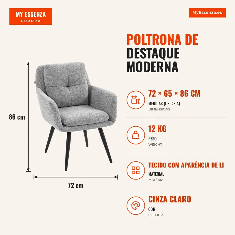 Poltrona de destaque moderna, estofada, com pernas de metal, visual linho, Cinza claro
