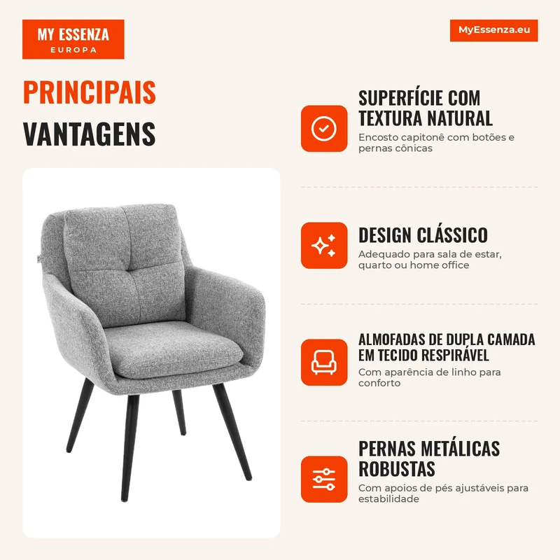 Poltrona de destaque moderna, estofada, com pernas de metal, visual linho, Cinza claro