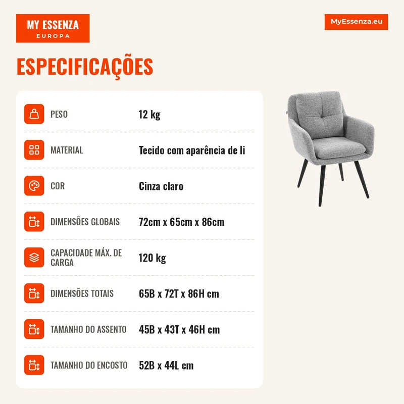 Poltrona de destaque moderna, estofada, com pernas de metal, visual linho, Cinza claro