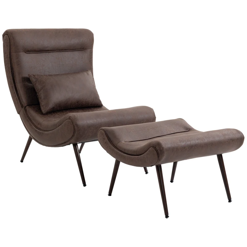 Poltrona retro com apoio para os pés, revestimento em leathaire, assento largo e almofada lombar, castanho-escuro