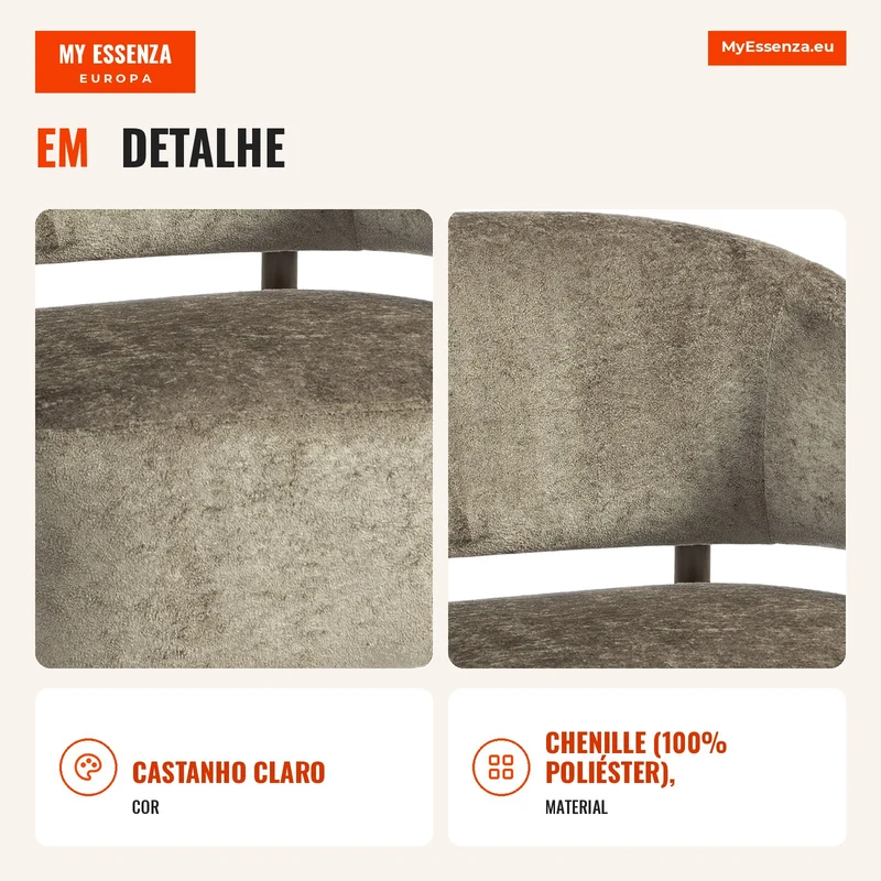 Poltrona de Destaque Poltrona Estofada em Chenille com Estrutura e Pés em Madeira Maciça Castanho Claro