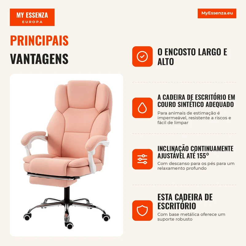 Cadeira de Escritório Ergonómica Poltrona de Escritório Reclinável em Couro Sintético Adequado para Animais Altura Regulável Rosa