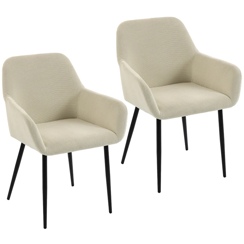 Conjunto de 2 Cadeiras de Jantar Cadeiras de Cozinha Estofadas em Veludo Cotelê com Apoios de Braços e Encosto Creme