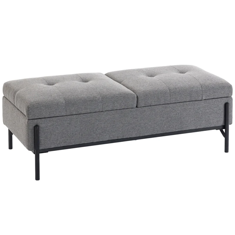 Baú de Assento em Linho Banco de Cama com 2 Compartimentos Tampas Articuladas e Acolchoamento Extra Espesso 117x50x44 cm