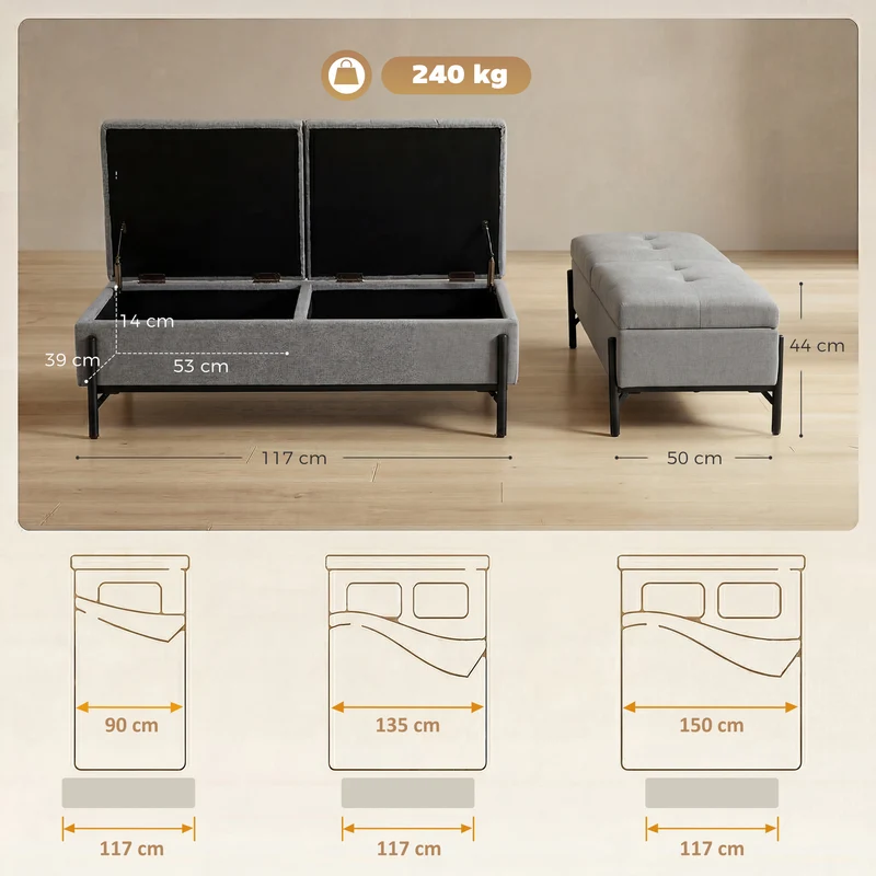 Baú de Assento em Linho Banco de Cama com 2 Compartimentos Tampas Articuladas e Acolchoamento Extra Espesso 117x50x44 cm