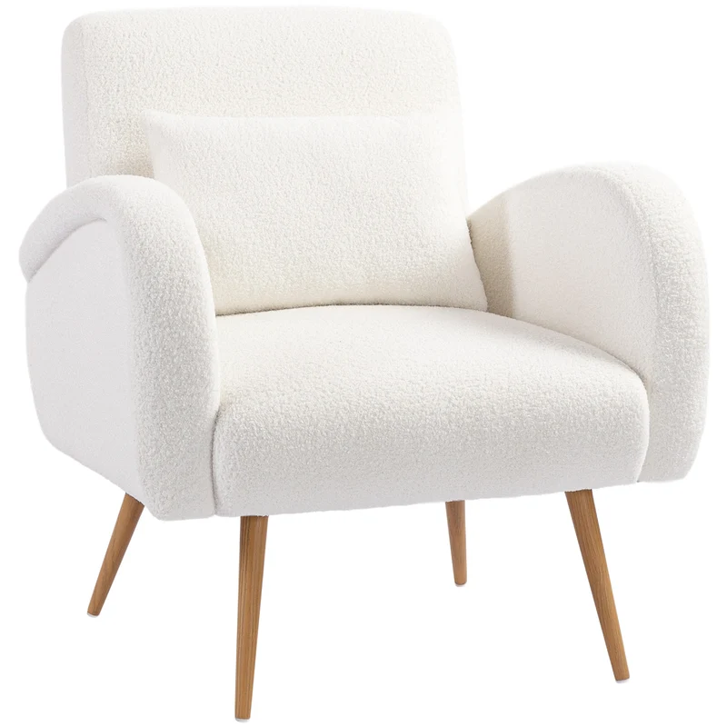 Poltrona em Tecido Teddy com Almofada Lombar Amovível e Pés Metálicos Efeito Madeira para Quarto, Creme