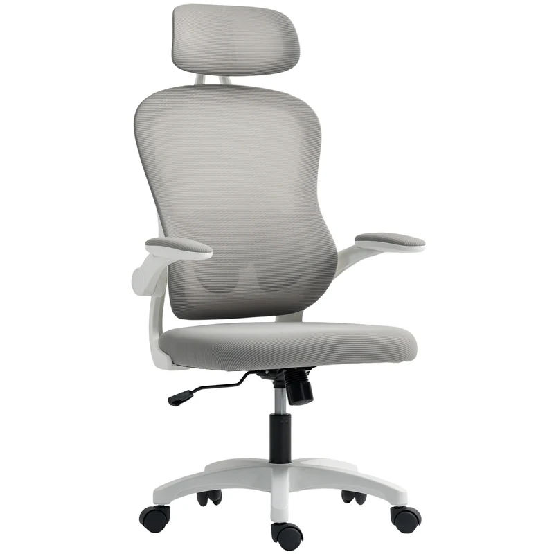 Cadeira de Escritório Ergonômica, Poltrona de Escritório em Malha com Apoios de Braço Rebatíveis, Altura Ajustável, 64x62x115cm, Cinza