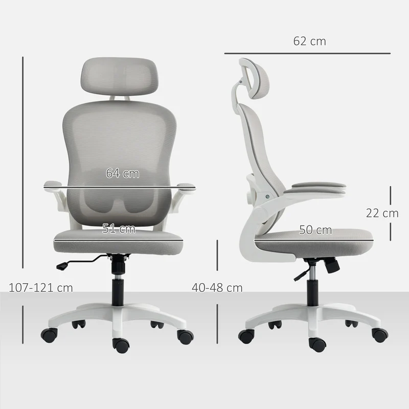 Cadeira de Escritório Ergonômica, Poltrona de Escritório em Malha com Apoios de Braço Rebatíveis, Altura Ajustável, 64x62x115cm, Cinza