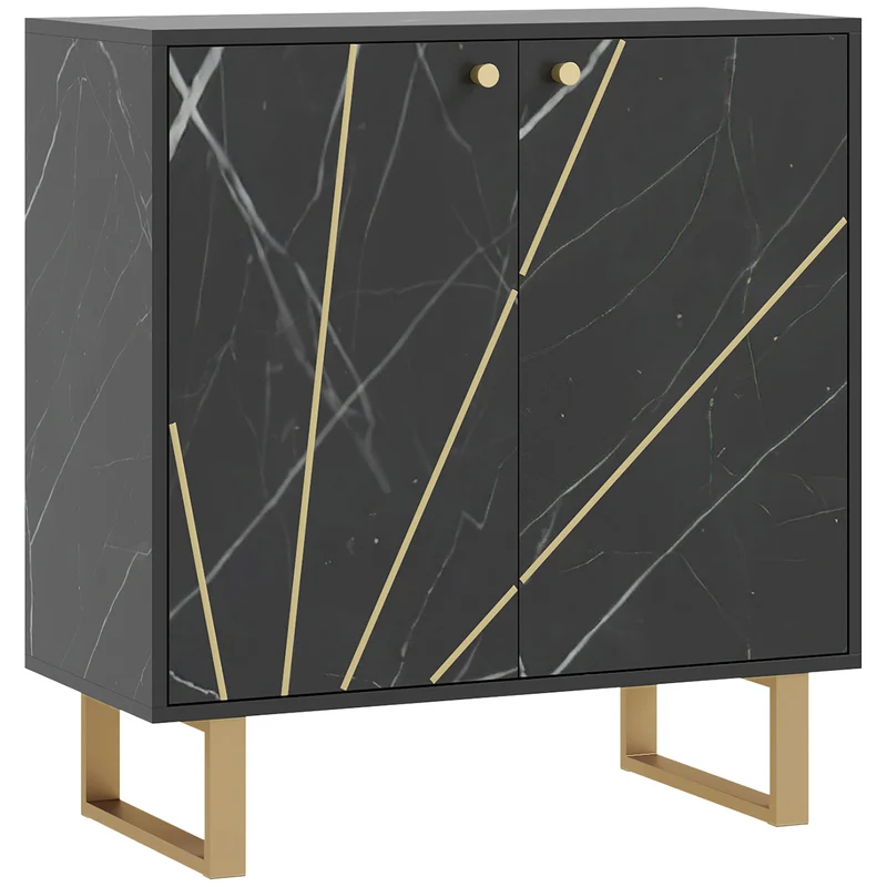 Buffet de Armazenamento com 2 Portas e Prateleira Ajustável Pés em Metal 76x35x77 cm Tom Mármore Preto