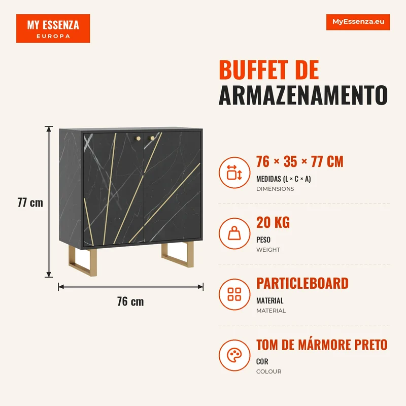 Buffet de Armazenamento com 2 Portas e Prateleira Ajustável Pés em Metal 76x35x77 cm Tom Mármore Preto