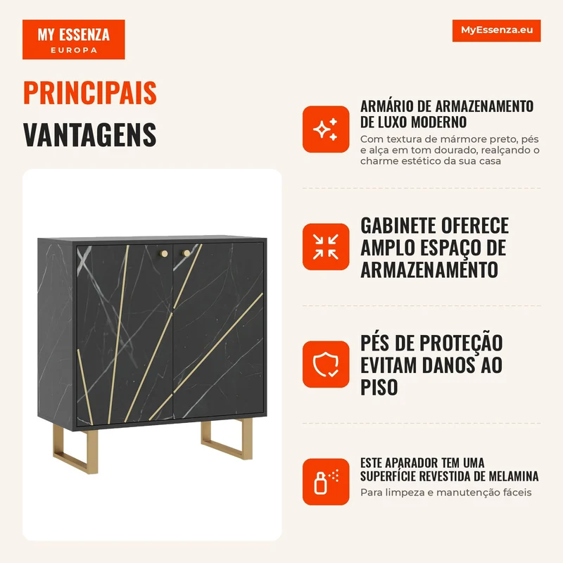 Buffet de Armazenamento com 2 Portas e Prateleira Ajustável Pés em Metal 76x35x77 cm Tom Mármore Preto