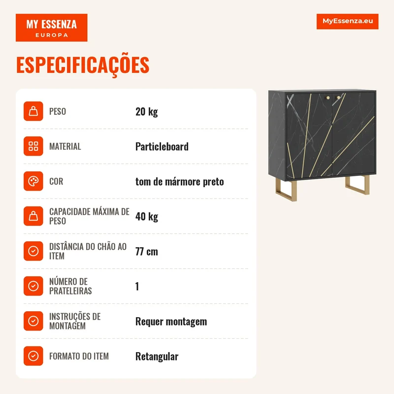 Buffet de Armazenamento com 2 Portas e Prateleira Ajustável Pés em Metal 76x35x77 cm Tom Mármore Preto