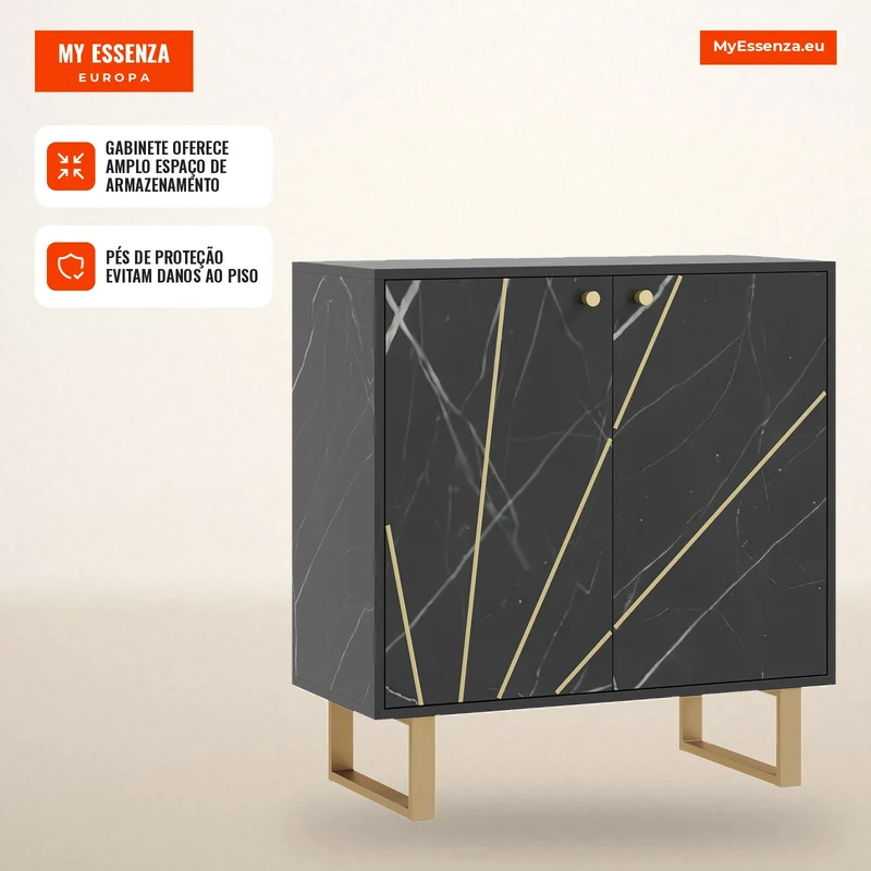 Buffet de Armazenamento com 2 Portas e Prateleira Ajustável Pés em Metal 76x35x77 cm Tom Mármore Preto