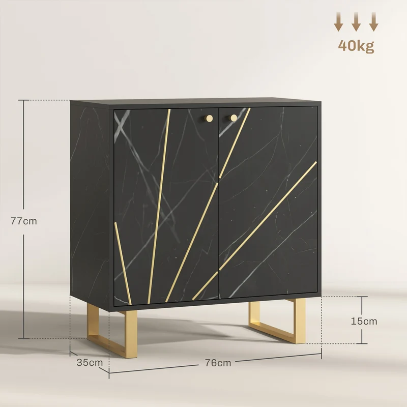 Buffet de Armazenamento com 2 Portas e Prateleira Ajustável Pés em Metal 76x35x77 cm Tom Mármore Preto