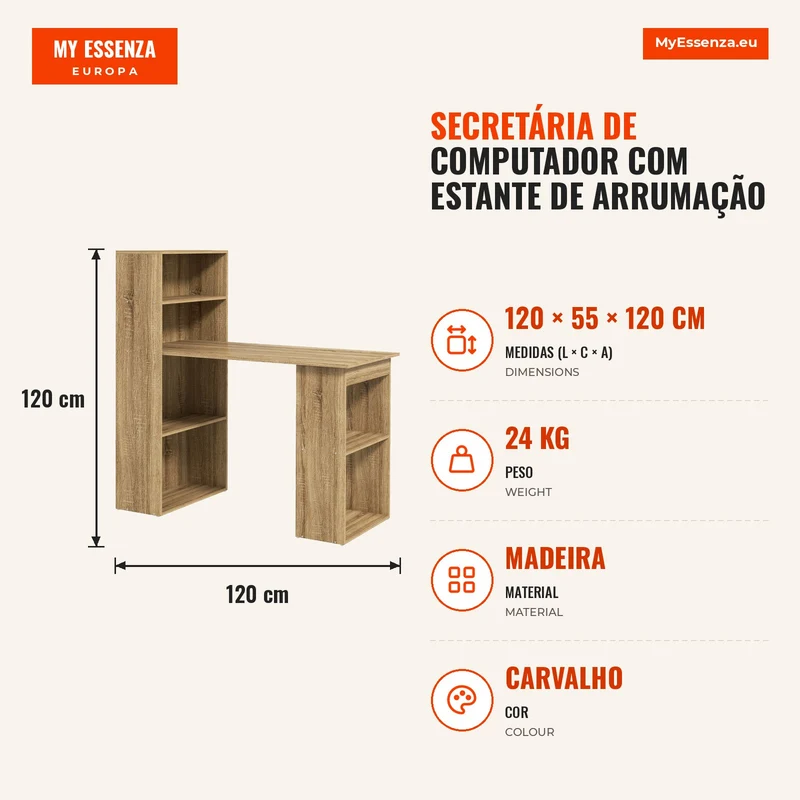 Secretária de Computador com Estante de Arrumação Secretária de Canto Estante Adjacente Multi-Arrumações Carvalho