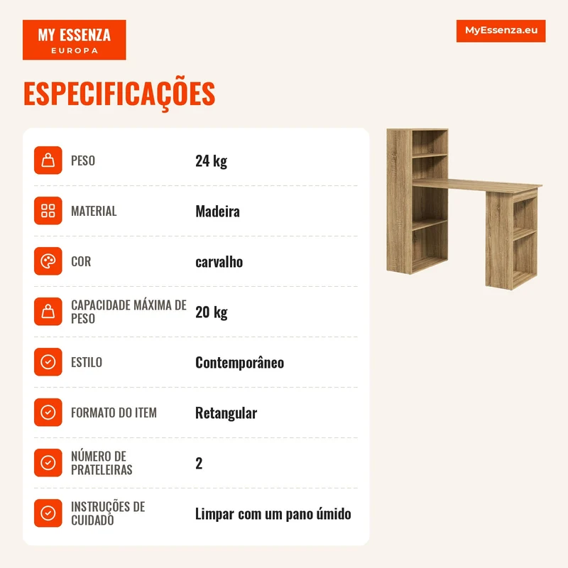 Secretária de Computador com Estante de Arrumação Secretária de Canto Estante Adjacente Multi-Arrumações Carvalho