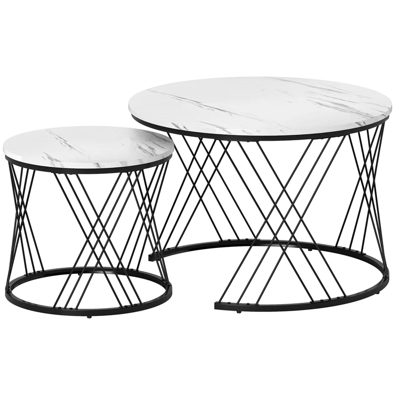 Conjunto de Mesas de Centro 2 peças Efeito Mármore Aglomerado Metal Mesas de Café Redondas para Sala de Estar Encaixáveis Branco