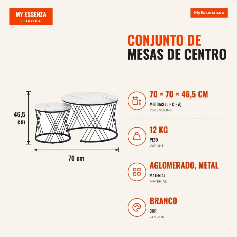 Conjunto de Mesas de Centro 2 peças Efeito Mármore Aglomerado Metal Mesas de Café Redondas para Sala de Estar Encaixáveis Branco
