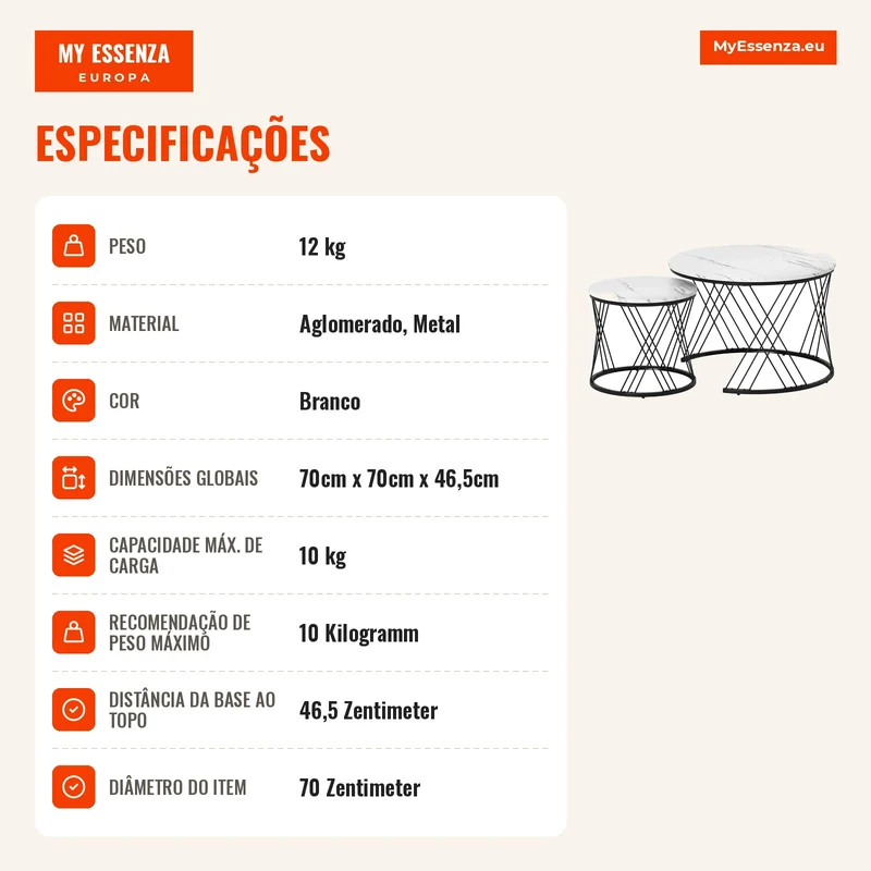Conjunto de Mesas de Centro 2 peças Efeito Mármore Aglomerado Metal Mesas de Café Redondas para Sala de Estar Encaixáveis Branco