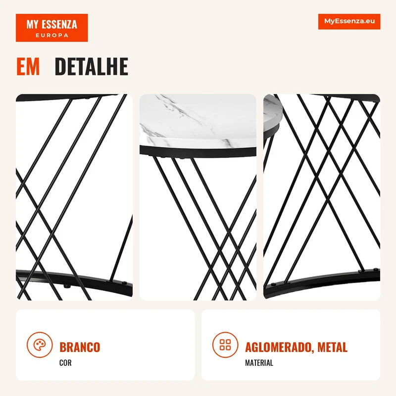 Conjunto de Mesas de Centro 2 peças Efeito Mármore Aglomerado Metal Mesas de Café Redondas para Sala de Estar Encaixáveis Branco