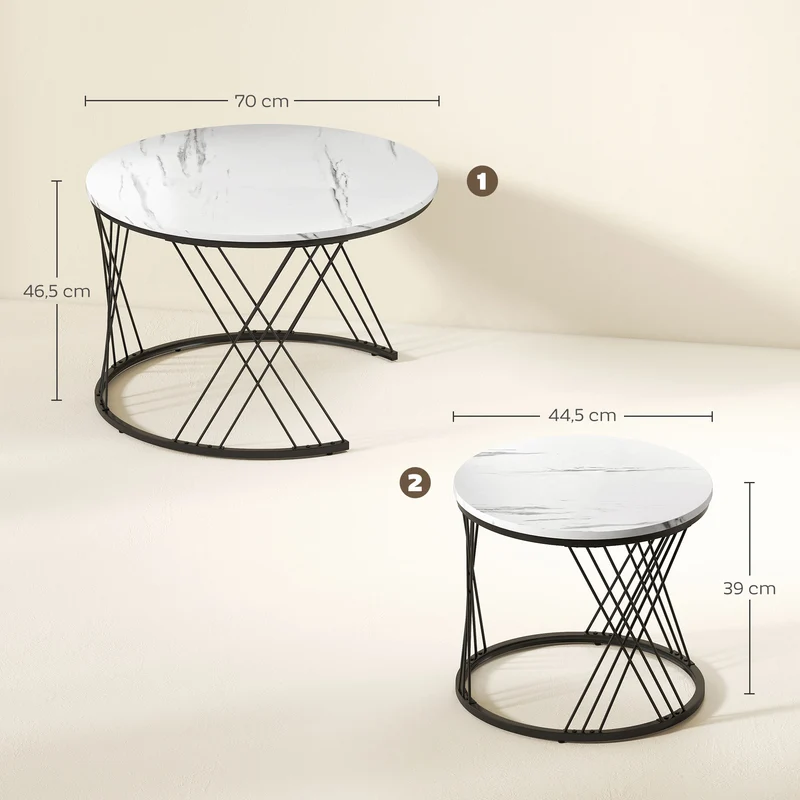Conjunto de Mesas de Centro 2 peças Efeito Mármore Aglomerado Metal Mesas de Café Redondas para Sala de Estar Encaixáveis Branco