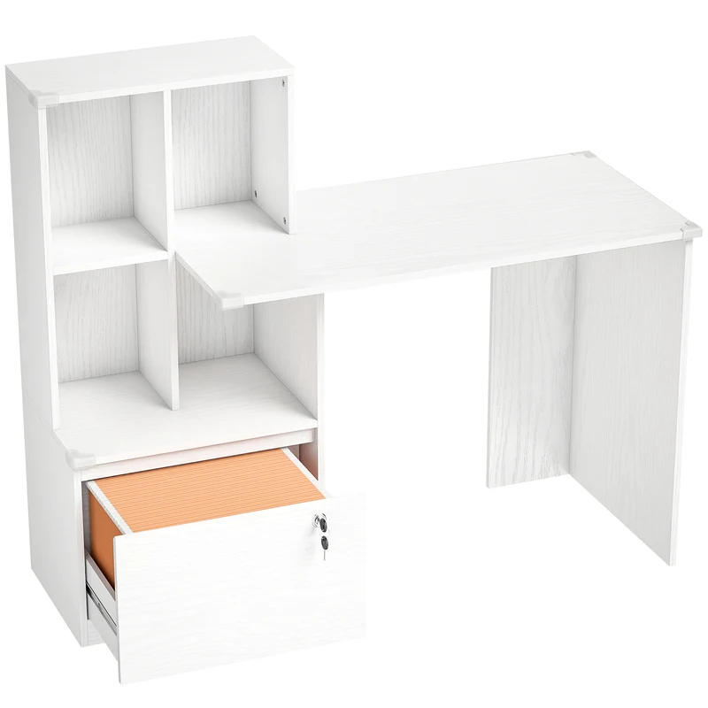 Mesa para computador com estante 4 compartimentos e gaveta com fechadura, 126 x 50 x 109 cm, grão de madeira branco