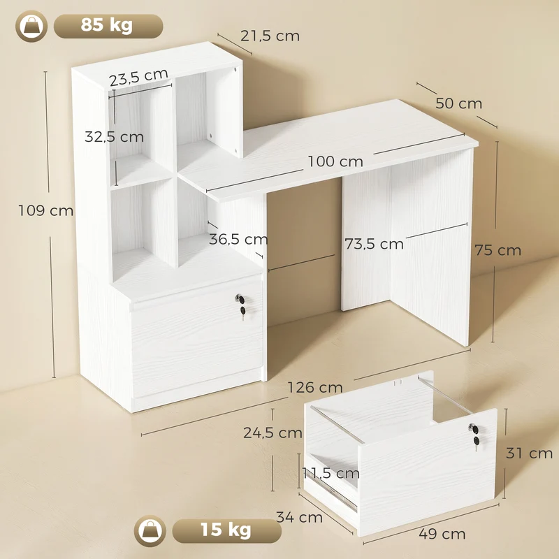 Mesa para computador com estante 4 compartimentos e gaveta com fechadura, 126 x 50 x 109 cm, grão de madeira branco