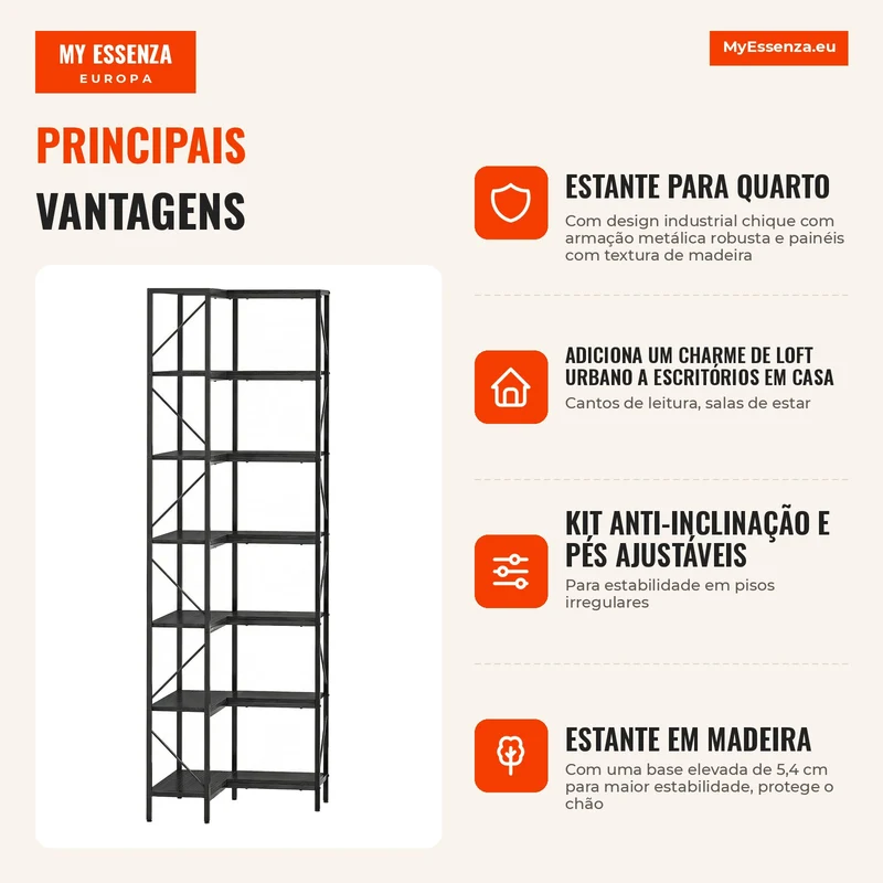 Estante de Canto Industrial de 7 Níveis com Prateleiras de Arrumação 60x60x198 cm Preto