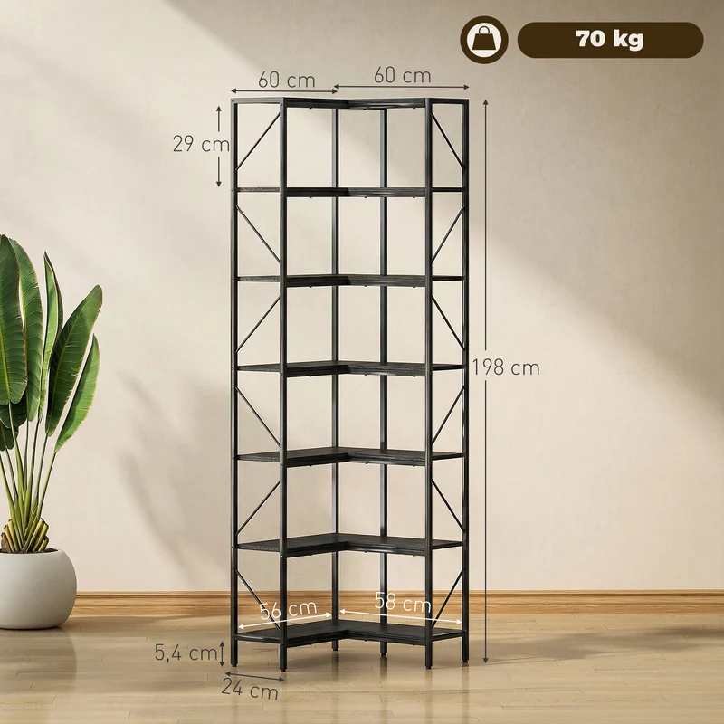 Estante de Canto Industrial de 7 Níveis com Prateleiras de Arrumação 60x60x198 cm Preto
