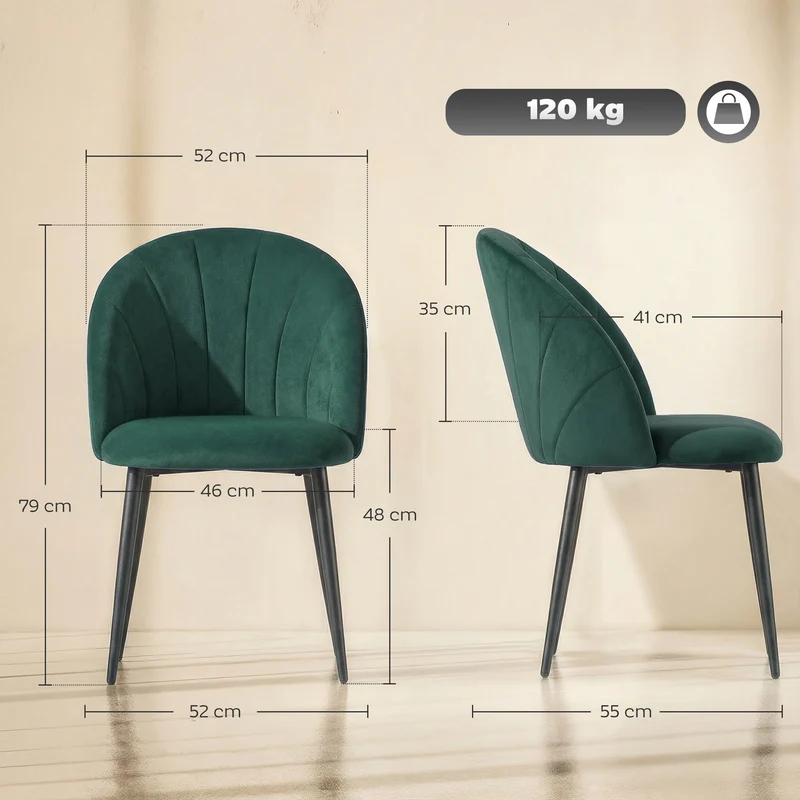 Conjunto de 2 Cadeiras de Sala de Jantar Cadeiras de Cozinha Estofadas sem Braços Pés em Aço 52x55x79 cm Verde