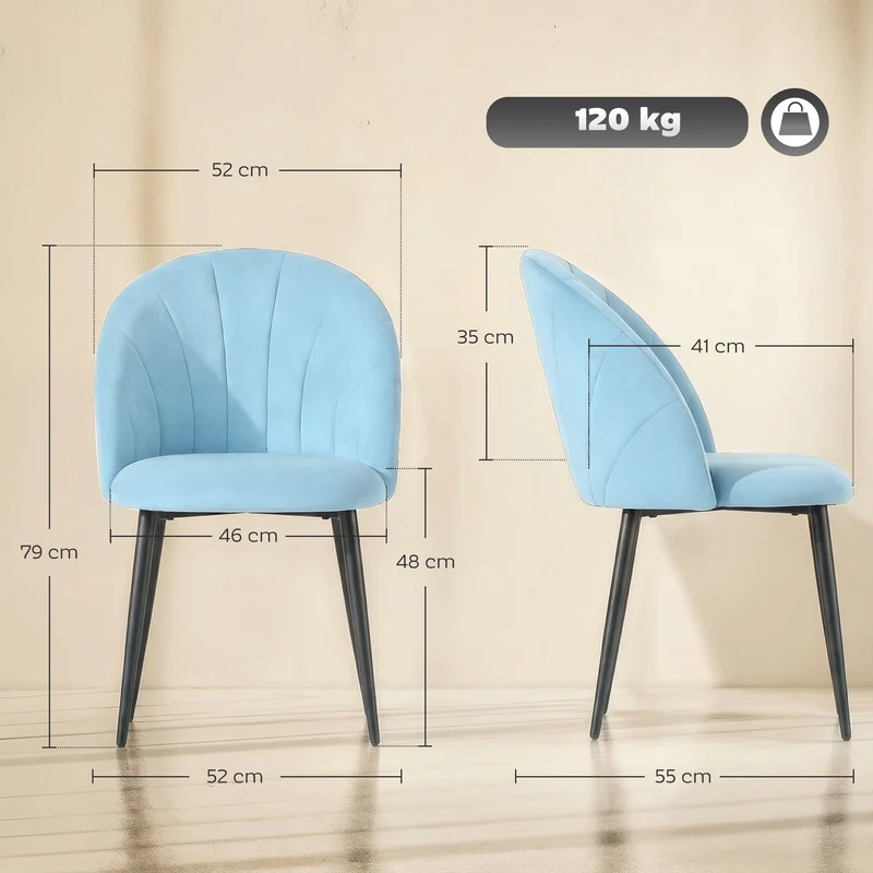 Conjunto 2 Cadeiras de Jantar Estofadas com Encosto em Forma de Concha em Veludo 52x55x79 cm Azul