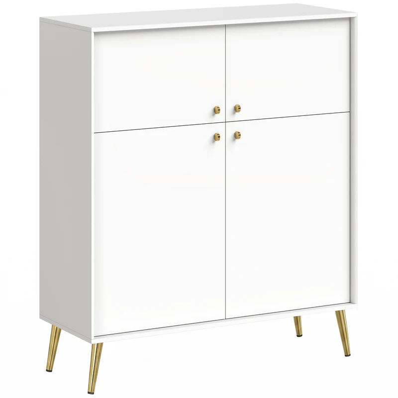 Aparador Moderno de 105,4 cm com 4 Portas com Fecho Suave e Pés Metálicos para Sala de Jantar e Cozinha Creme Branco