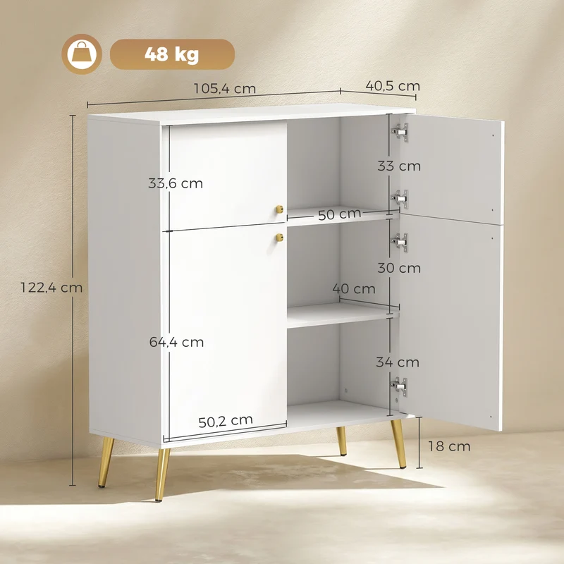 Aparador Moderno de 105,4 cm com 4 Portas com Fecho Suave e Pés Metálicos para Sala de Jantar e Cozinha Creme Branco