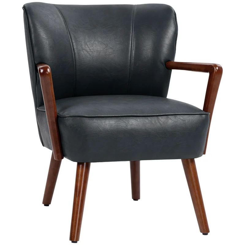 Poltrona de destaque, assento largo, aparência de couro, estrutura de madeira, até 120 kg, 67x77x80 cm, Preto