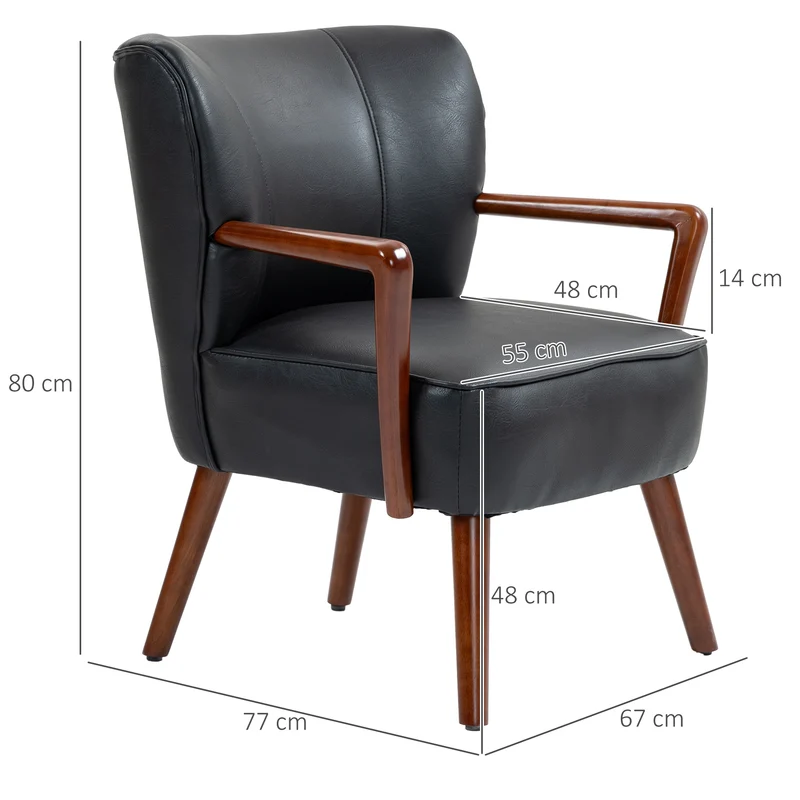 Poltrona de destaque, assento largo, aparência de couro, estrutura de madeira, até 120 kg, 67x77x80 cm, Preto