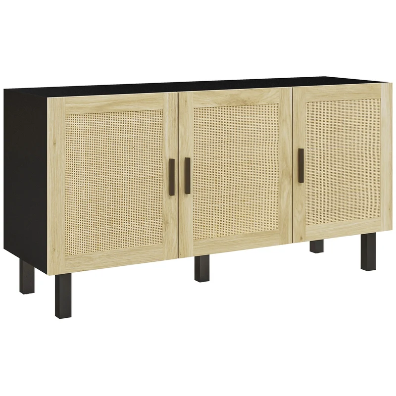 Móvel de Arrumação com Armários de Portas Efeito Tela de Palha Natural Prateleiras Ajustáveis 136x41x70 cm Preto e Madeira Natural