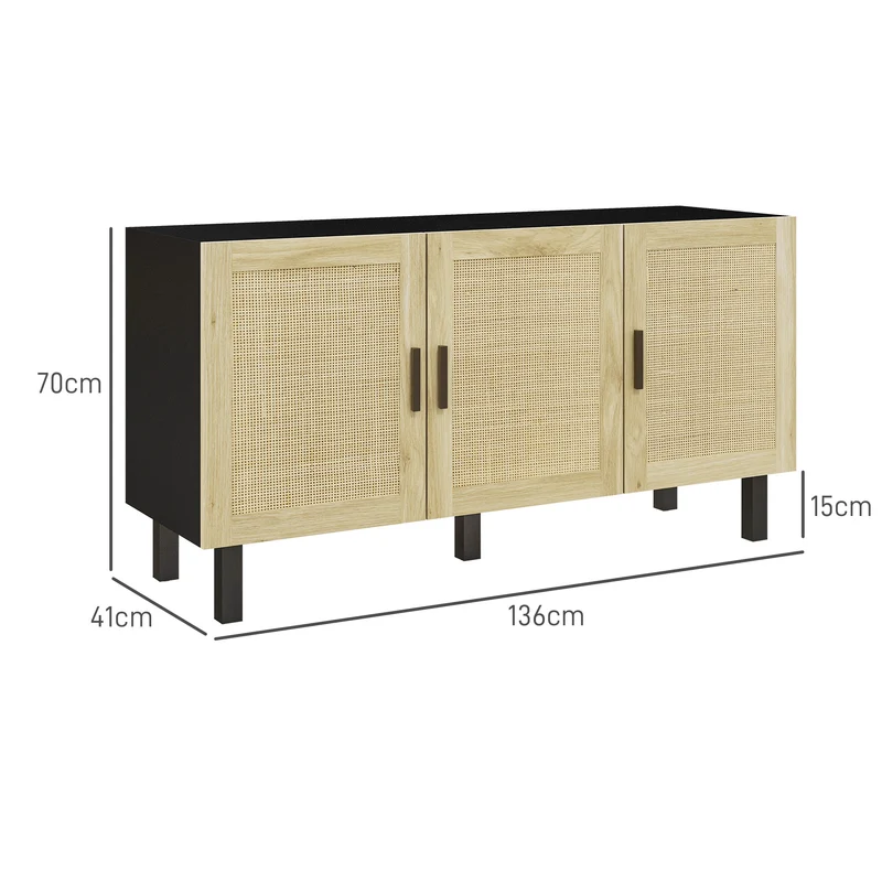 Móvel de Arrumação com Armários de Portas Efeito Tela de Palha Natural Prateleiras Ajustáveis 136x41x70 cm Preto e Madeira Natural
