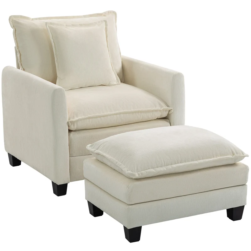 Poltrona de Sala com Apoio para os Pés Sofá 1 Lugar em Chenille Assento Largo Duplo Acolchoamento 85x128x86 cm Creme