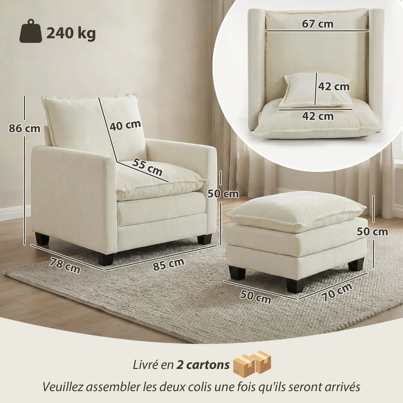 Poltrona de Sala com Apoio para os Pés Sofá 1 Lugar em Chenille Assento Largo Duplo Acolchoamento 85x128x86 cm Creme
