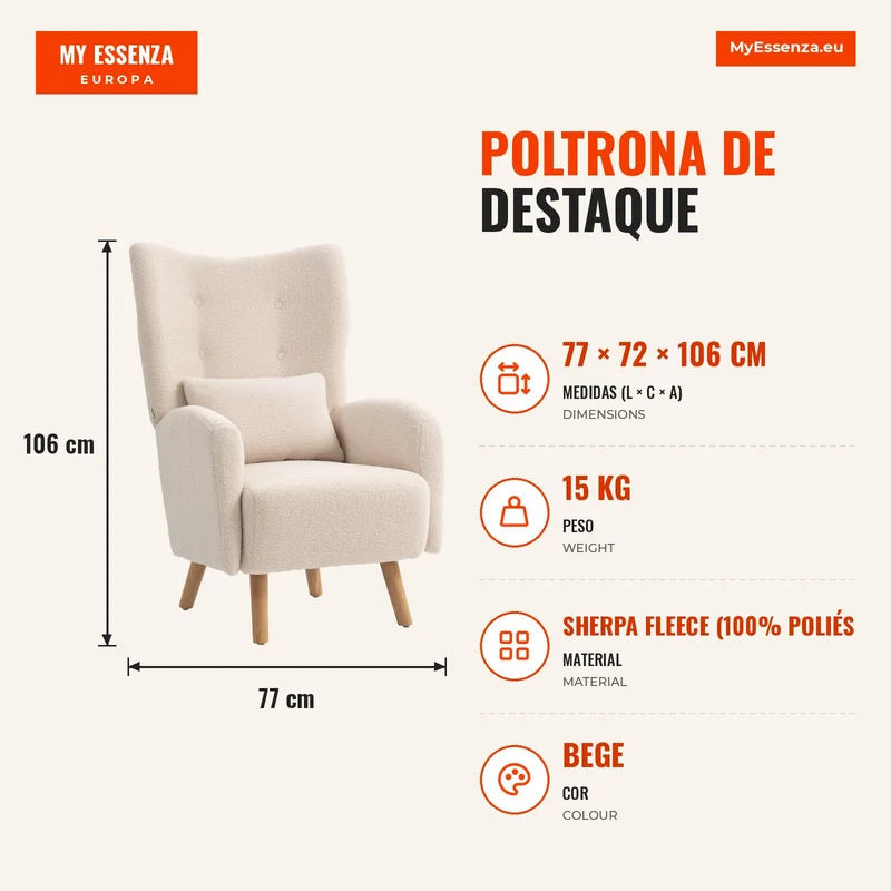 Poltrona de Destaque Poltrona Estofada com Revestimento Felpudo Almofada de Espuma Poltrona com Abas Bege