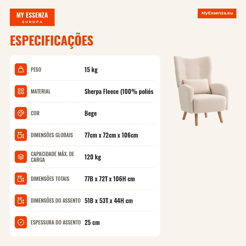 Poltrona de Destaque Poltrona Estofada com Revestimento Felpudo Almofada de Espuma Poltrona com Abas Bege