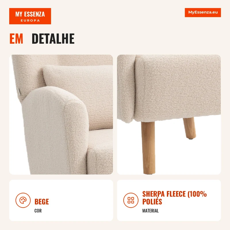 Poltrona de Destaque Poltrona Estofada com Revestimento Felpudo Almofada de Espuma Poltrona com Abas Bege