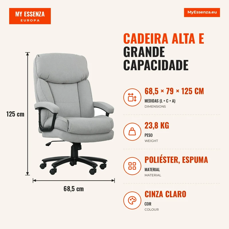 Cadeira Alta e Grande Capacidade de 200 kg Construção Robusta Revestimento Macio Cinza Claro