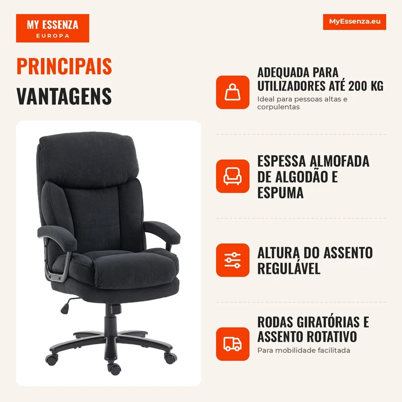 Cadeira Executiva Ergonómica Cadeira de Escritório até 200 kg com Aspeto de Linho Encosto Alto